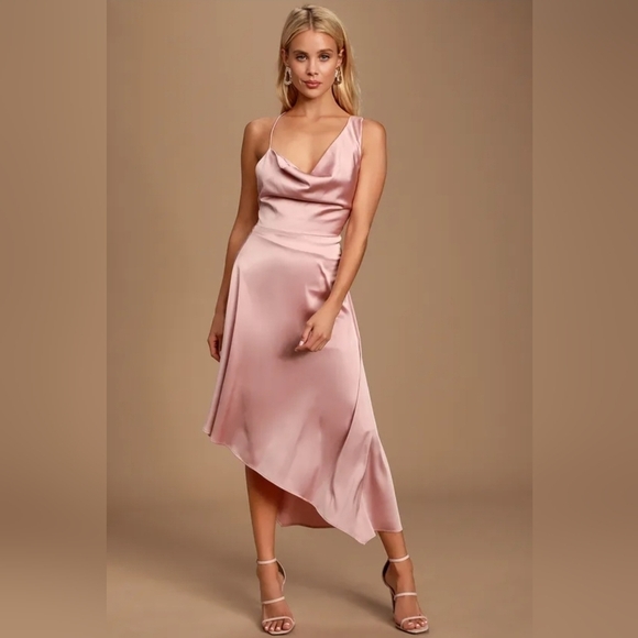 Lulus Dresses & Skirts - Lulu's Sereno Mauve Pink Satin Cowl Neck Asymmetrical Midi Dress, Size Medium